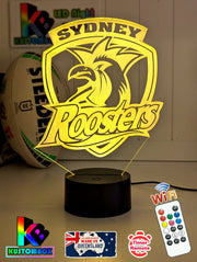 Personalised Sydney Roosters 3D LED night light glowing in 16 colours, perfect for kids or man caves. Logo shaped Yellow