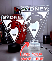 Sydney swans 3D LED light glowing in red, blue, green, yellow, purple, white and more.