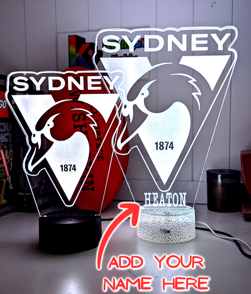 Sydney swans 3D LED light glowing in red, blue, green, yellow, purple, white and more.