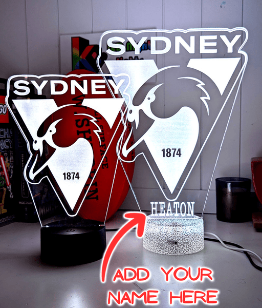 Sydney swans 3D LED light glowing in red, blue, green, yellow, purple, white and more.
