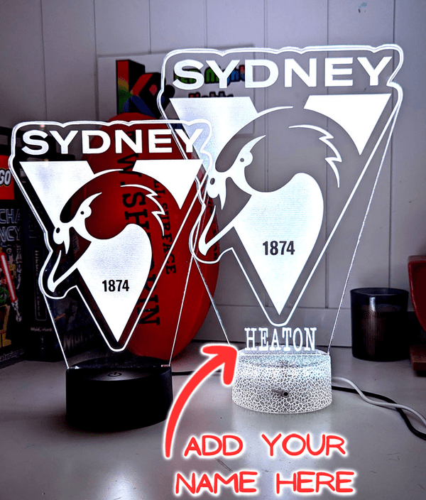 Sydney swans 3D LED light glowing in red, blue, green, yellow, purple, white and more.