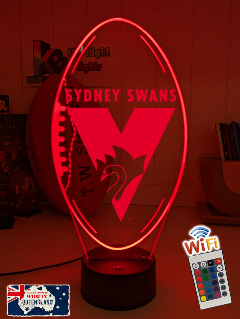 Sydney Swans ball shaped LED lamp with 16-colour light modes and remote.