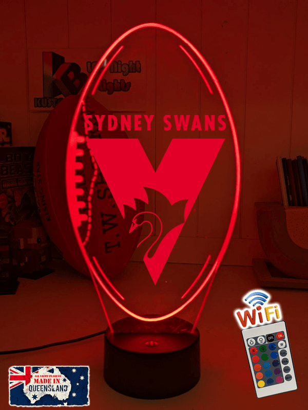 Sydney Swans ball shaped LED lamp with 16-colour light modes and remote.