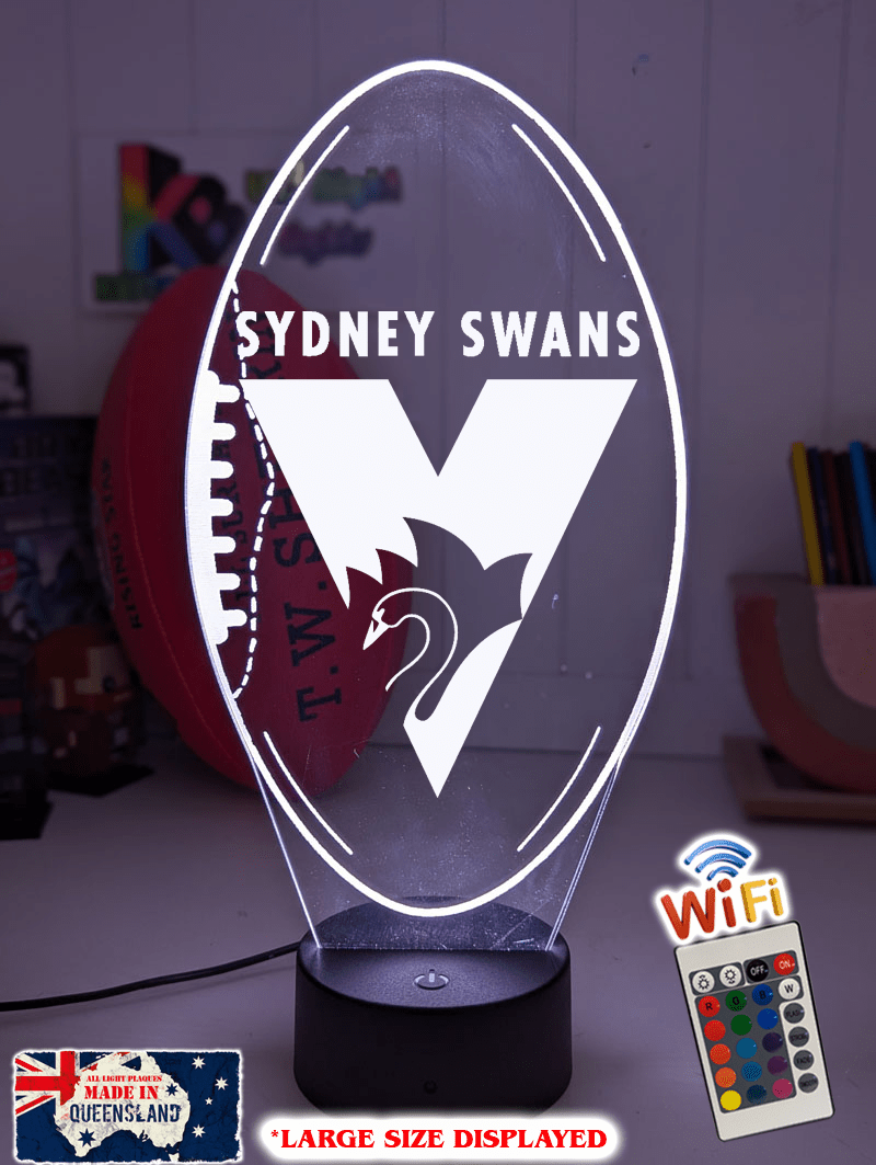 Sydney Swans 3D LED lamp with 16-colour remote control – adjustable brightness and fade.