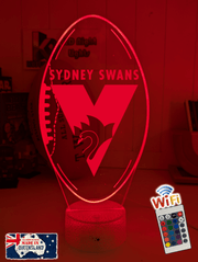 Sydney Swans 3D LED light glowing in red, blue, green, yellow, purple, white and more.