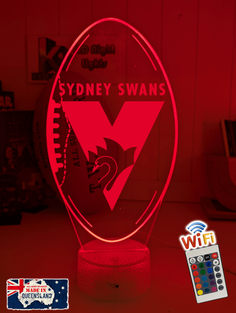 Sydney Swans 3D LED light glowing in red, blue, green, yellow, purple, white and more.