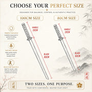 Two sizes of swords with measurements and features on a decorative background