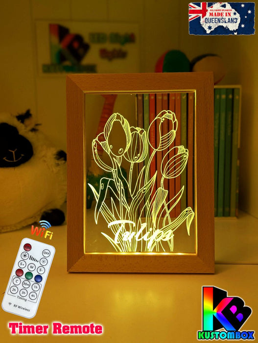 Tulip Flower Garden Personalised Name Timber Frame USB 3D LED Night Light Lamp - KustomboxNight Lights & Ambient LightingKustomboxTimber Frame Light - $34.99