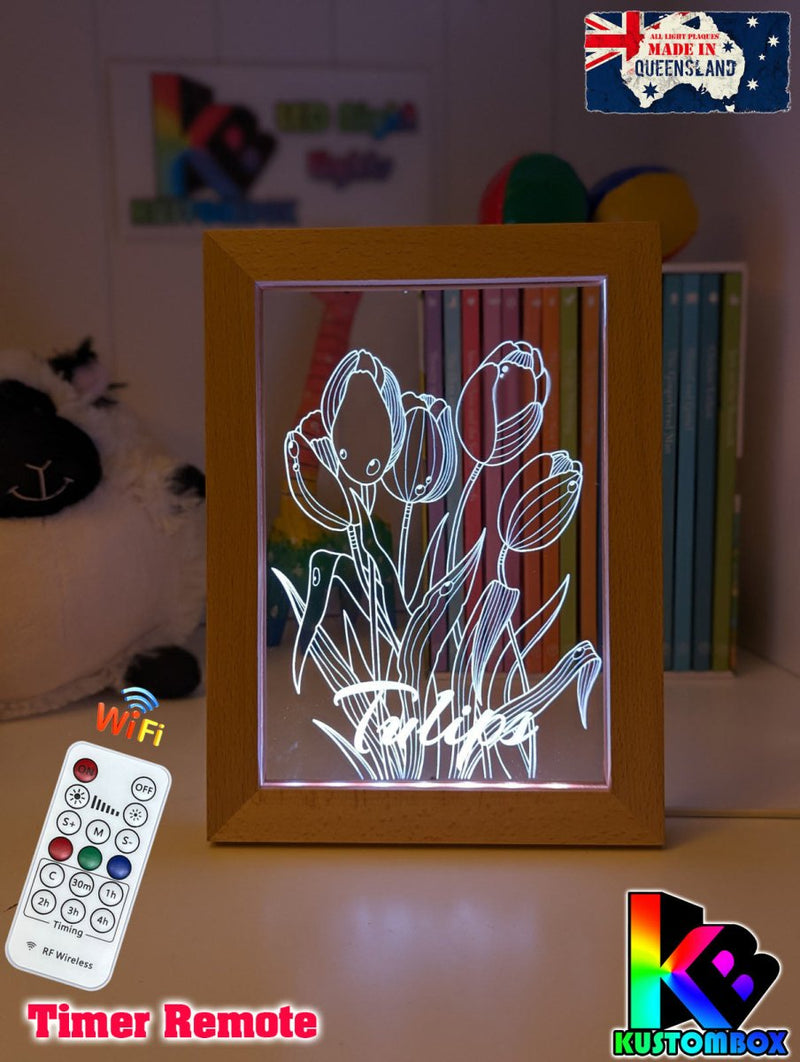 Tulip Flower Garden Personalised Name Timber Frame USB 3D LED Night Light Lamp - KustomboxNight Lights & Ambient LightingKustomboxTimber Frame Light - $34.99