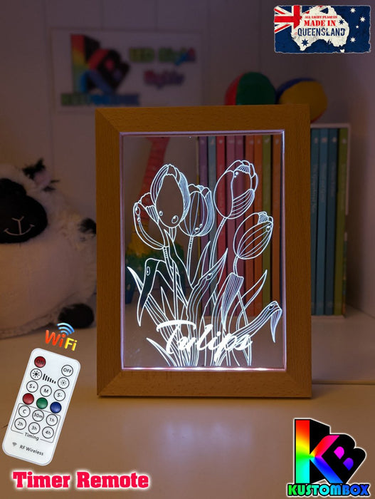Tulip Flower Garden Personalised Name Timber Frame USB 3D LED Night Light Lamp - KustomboxNight Lights & Ambient LightingKustomboxTimber Frame Light - $34.99