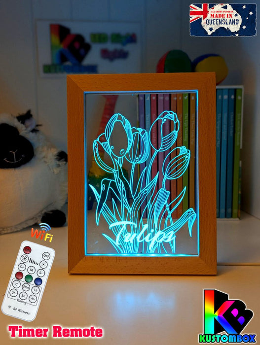 Tulip Flower Garden Personalised Name Timber Frame USB 3D LED Night Light Lamp - KustomboxNight Lights & Ambient LightingKustomboxTimber Frame Light - $34.99