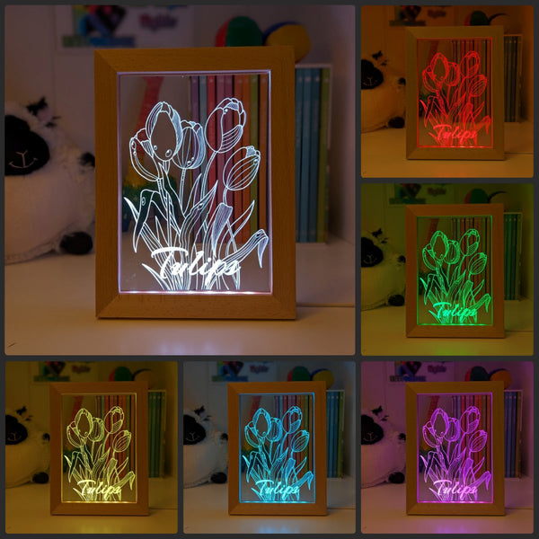 Tulip Flower Garden Personalised Name Timber Frame USB 3D LED Night Light Lamp - KustomboxNight Lights & Ambient LightingKustomboxTimber Frame Light - $34.99