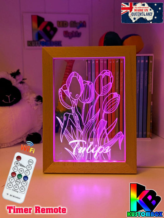 Tulip Flower Garden Personalised Name Timber Frame USB 3D LED Night Light Lamp - KustomboxNight Lights & Ambient LightingKustomboxTimber Frame Light - $34.99