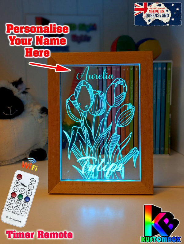 Tulip Flower Garden Personalised Name Timber Frame USB 3D LED Night Light Lamp - KustomboxNight Lights & Ambient LightingKustomboxTimber Frame Light - $34.99
