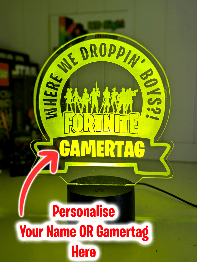 Victory RoyalePersonalised Fortnite LED night light displayed as a birthday gift for kids and gamers
