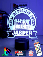 Personalised Fortnite LED night light displayed as a birthday gift for kids and gamers