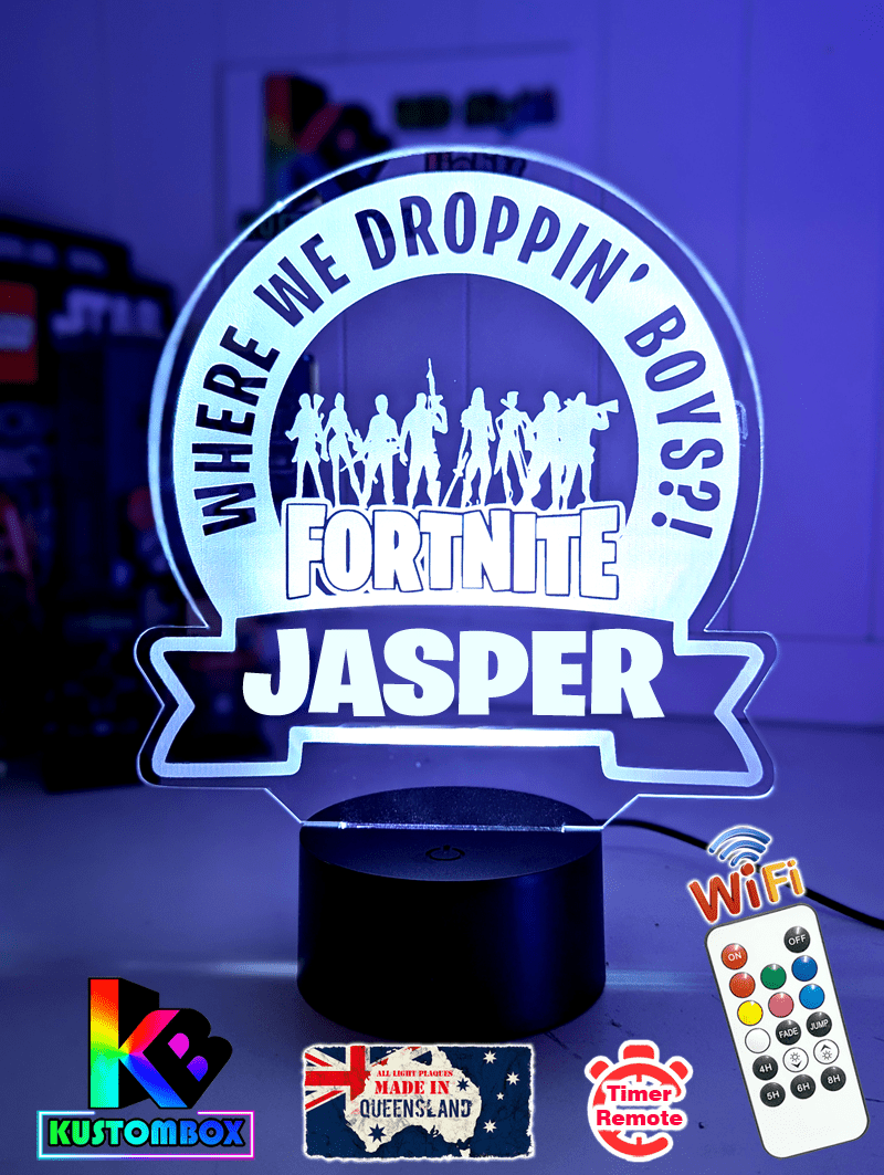 Personalised Fortnite LED night light displayed as a birthday gift for kids and gamers