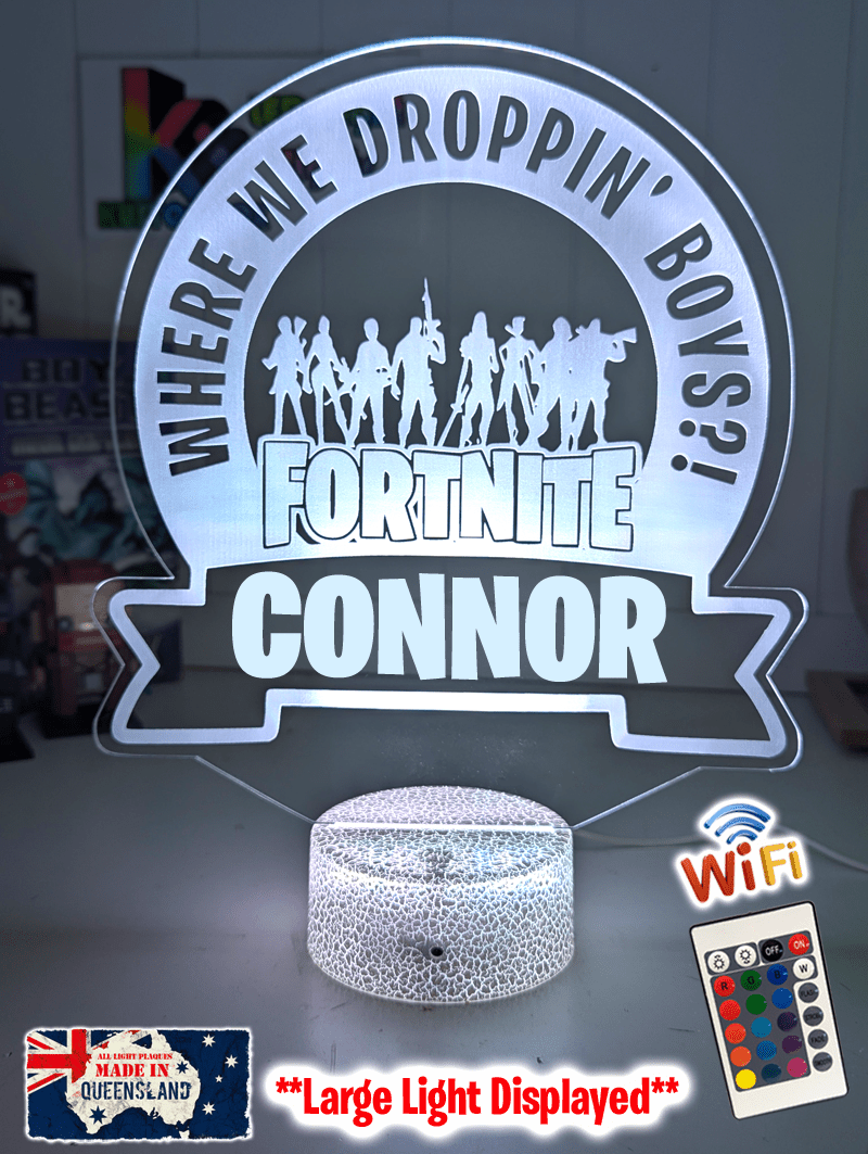  Custom Fortnite LED night light used as a kids bedroom night lamp on bedside table