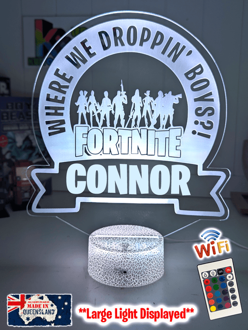  Custom Fortnite LED night light used as a kids bedroom night lamp on bedside table