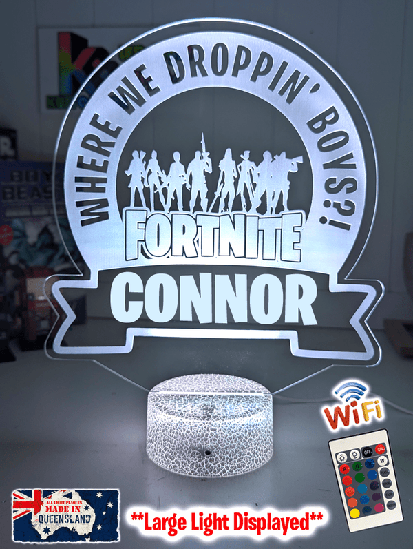  Custom Fortnite LED night light used as a kids bedroom night lamp on bedside table