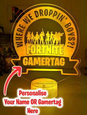 Detailed view of the LED light base used with a personalised Fortnite acrylic night light showing illuminated base design