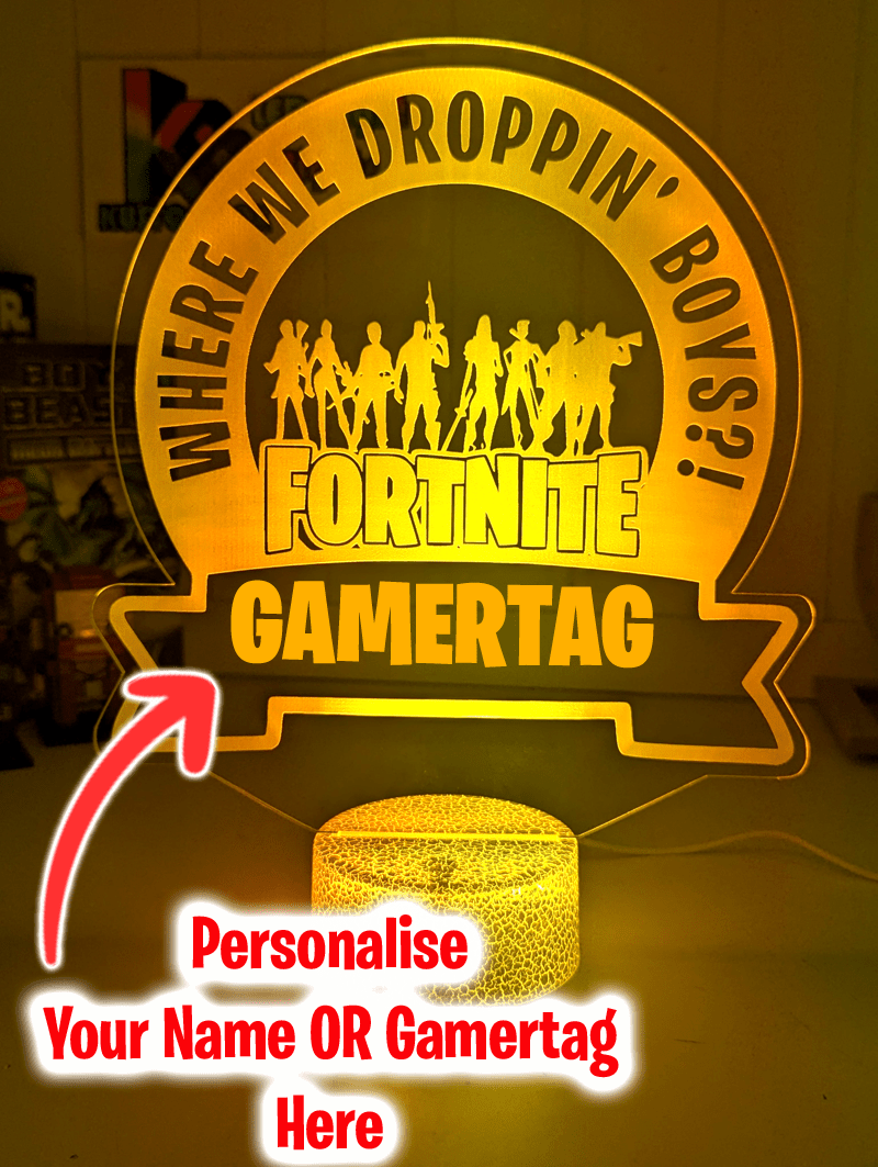 Detailed view of the LED light base used with a personalised Fortnite acrylic night light showing illuminated base design