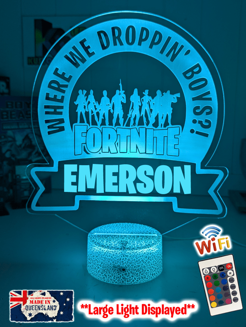 Victory Royale Fortnite personalised LED night light showing remote control and touch button used to change light colours