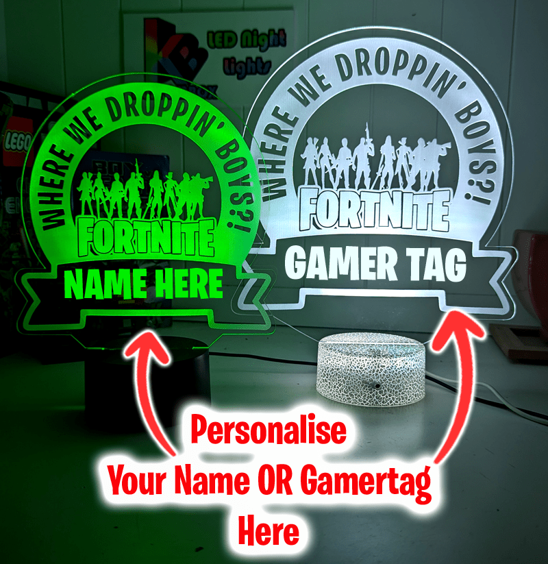 Victory Royale Personalised Size reference of personalised Fortnite LED night light acrylic lamp on desk