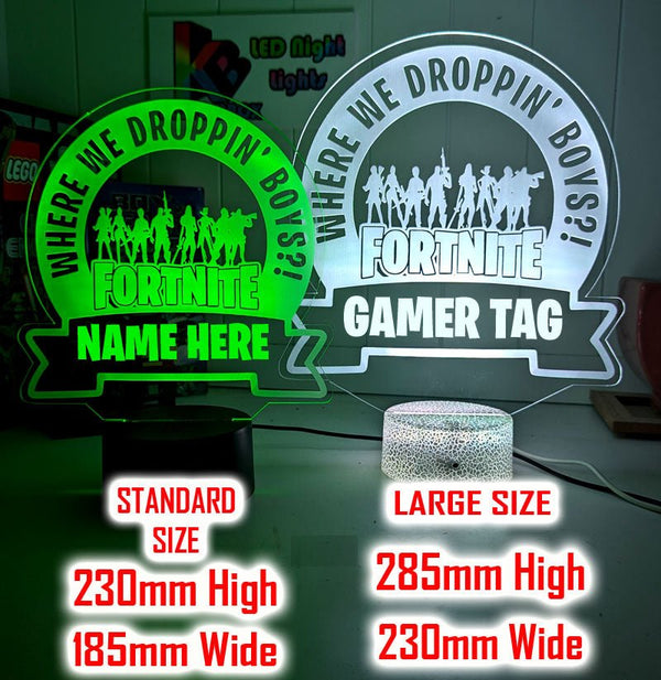 Size reference of personalised Fortnite LED night light acrylic lamp on desk