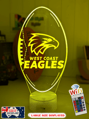 West Coast Eagles 3D LED night light glowing softly in a child’s bedroom with remote control.