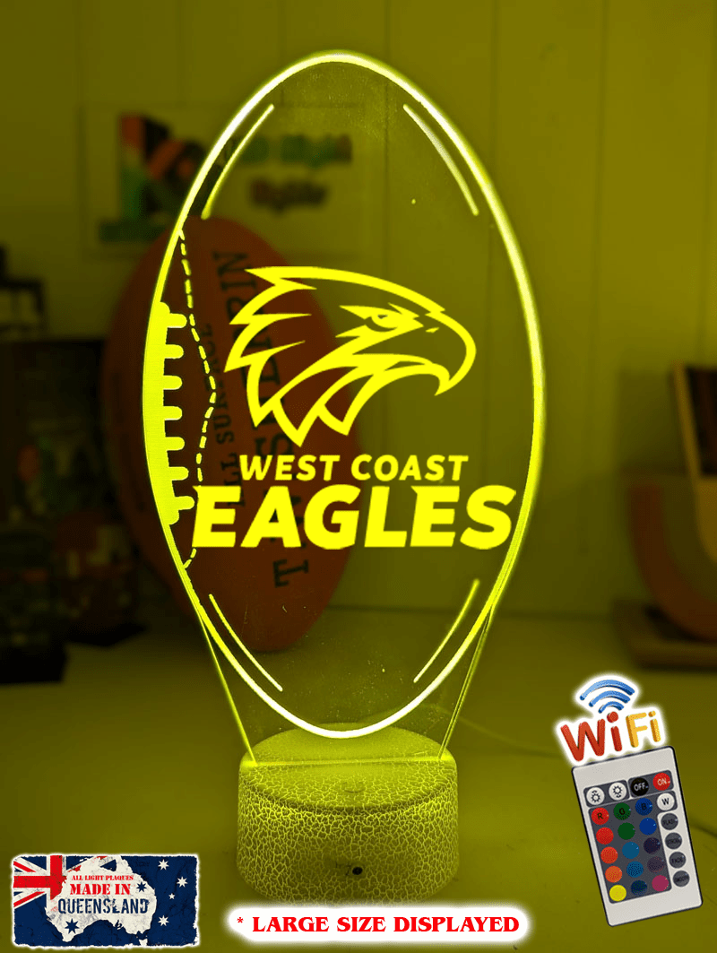West Coast Eagles 3D LED night light glowing softly in a child’s bedroom with remote control.