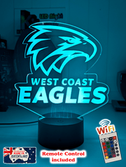 West Coast Eagles 3D LED night light glowing softly in a child’s bedroom with remote control.