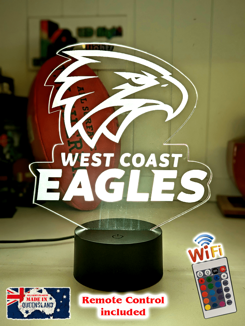 West Coast Eagles 3D LED light glowing in red, blue, green, yellow, purple, white and more.