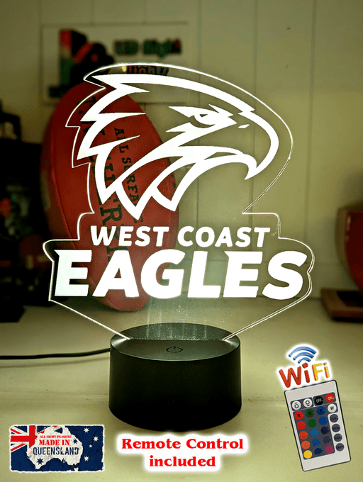 West Coast Eagles 3D LED light glowing in red, blue, green, yellow, purple, white and more.