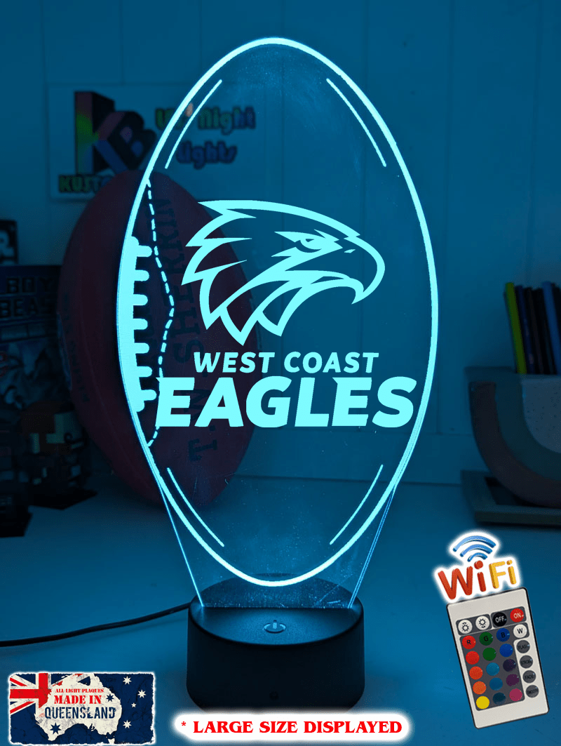 West Coast Eagles 3D LED lamp with 16-colour remote control – adjustable brightness and fade.
