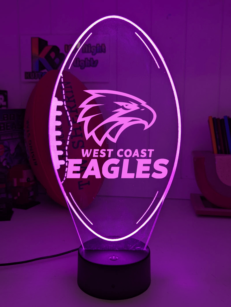 West Coast Eagles 3D LED night light glowing softly in a child’s room, sports room