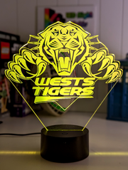 Personalised West Tigers Old Logo Outline 3D LED night light glowing in 7 colours, perfect for kids or man caves. Yellow colour