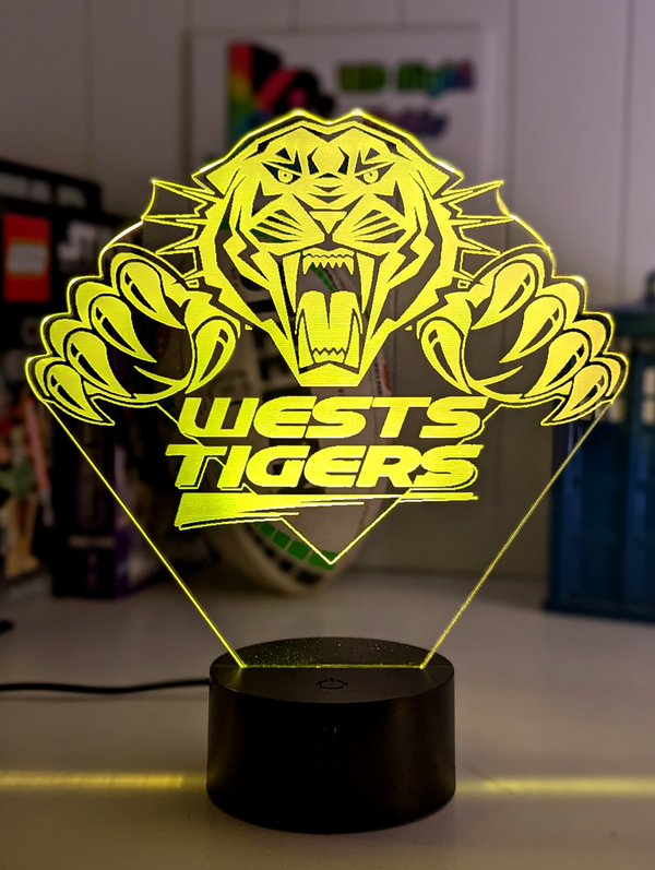 Personalised West Tigers Old Logo Outline 3D LED night light glowing in 7 colours, perfect for kids or man caves. Yellow colour