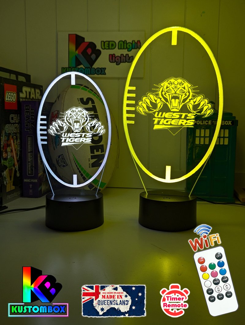 Personalised West Tigers 3D LED night light glowing in 7 colours, perfect for kids or man caves