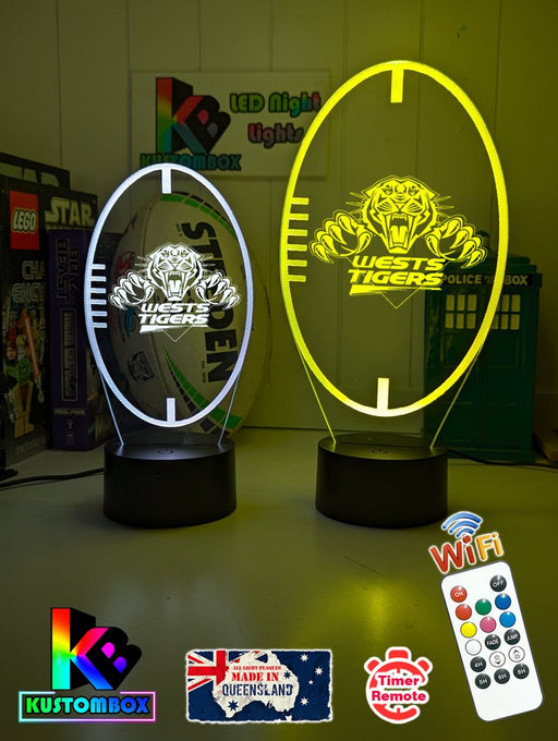 Personalised West Tigers 3D LED night light glowing in 7 colours, perfect for kids or man caves