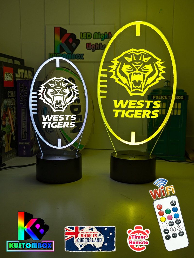 Personalised Wests Tigers 3D LED night light glowing in 7 colours, perfect for kids or man caves ball shaped lamp