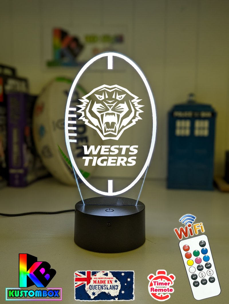 Custom Wests Tigers LED lamp with engraved name, multi-colour lighting for rugby league fans