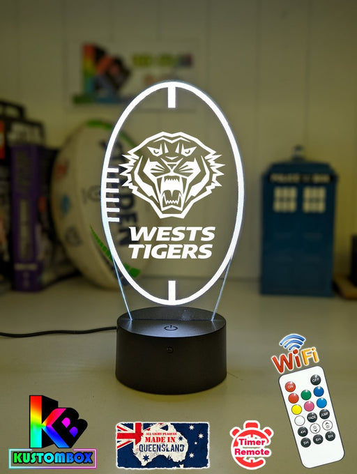 Custom Wests Tigers LED lamp with engraved name, multi-colour lighting for rugby league fans