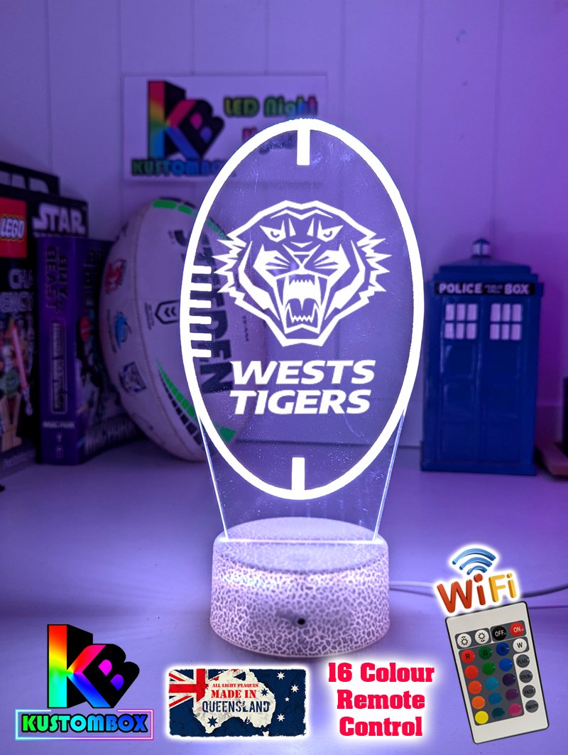Wests Tigers rugby league 3D LED night light with USB power and multi-colour fade mode, white colour crackle base