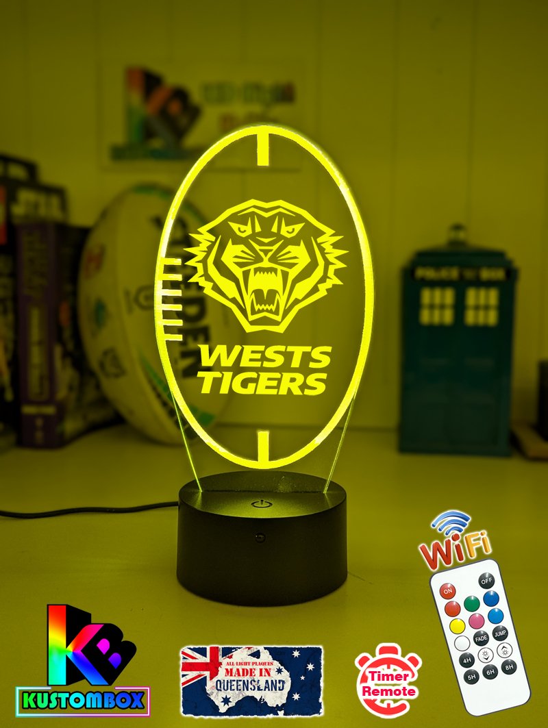 Personalised Wests Tigers LED night light featuring team logo outline and custom engraving yellow team colour 