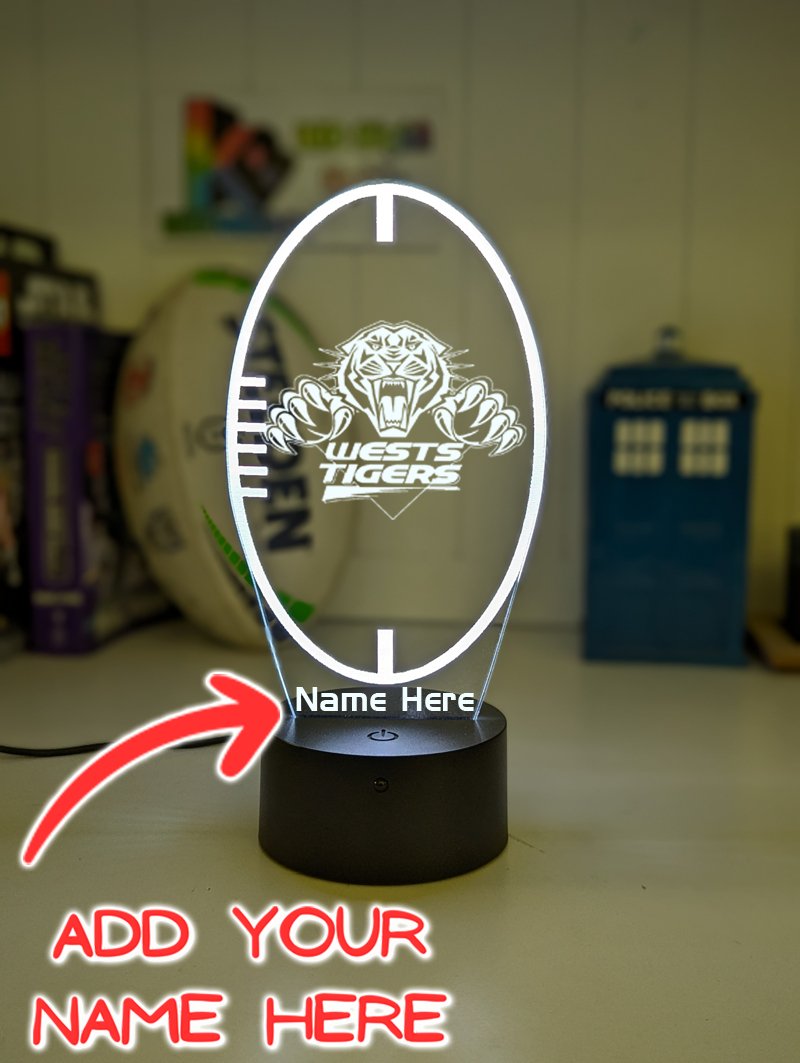 West Tigers rugby league 3D LED night light with USB power and multi-colour fade mode. name option lamp