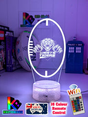 Personalised West Tigers ball shapped LED night light featuring team logo outline and custom engraving. old logo 