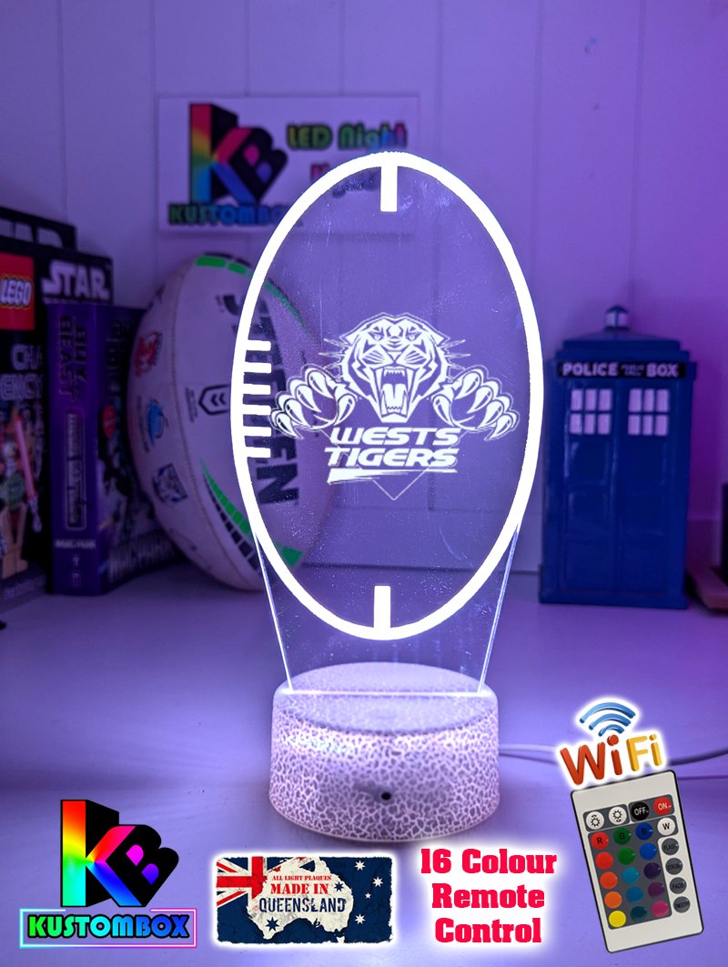 Personalised West Tigers ball shapped LED night light featuring team logo outline and custom engraving. old logo 