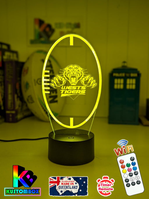 Custom West Tigers LED lamp with engraved name, multi-colour lighting for rugby league fans