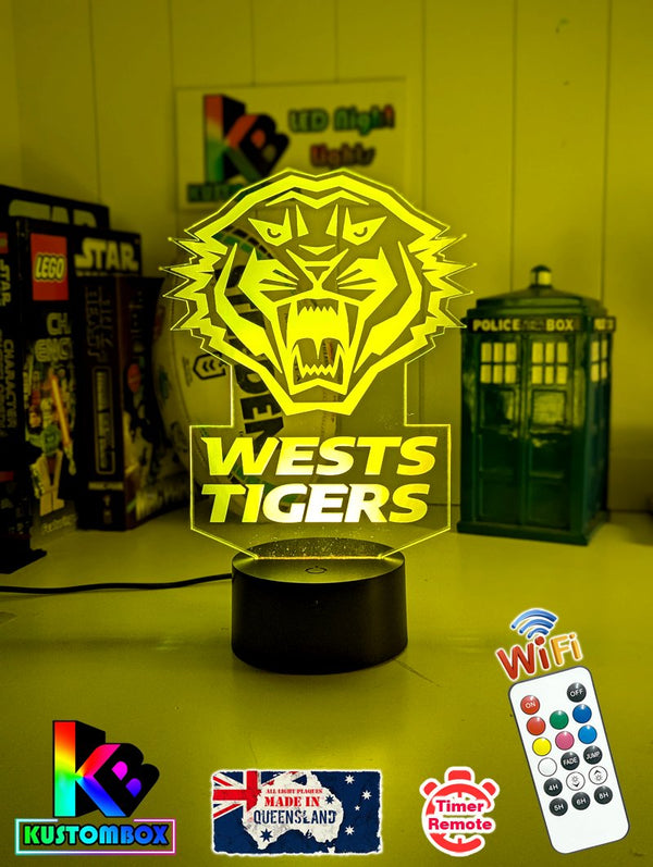Personalised Wests Tigers 3D LED night light glowing in 7 colours, perfect for kids or man caves new logo 